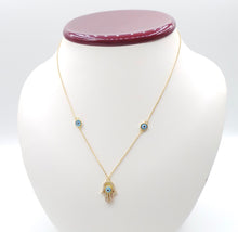 Load image into Gallery viewer, BLUE EVIL EYE HAMZA CHARM GOLD NECKLACE