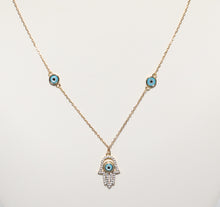 Load image into Gallery viewer, BLUE EVIL EYE HAMZA CHARM GOLD NECKLACE