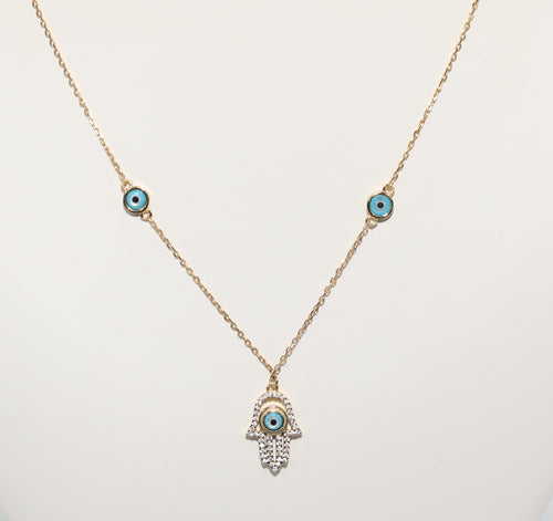 BLUE EVIL EYE HAMZA CHARM GOLD NECKLACE