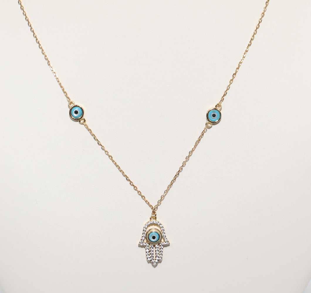 BLUE EVIL EYE HAMZA CHARM GOLD NECKLACE