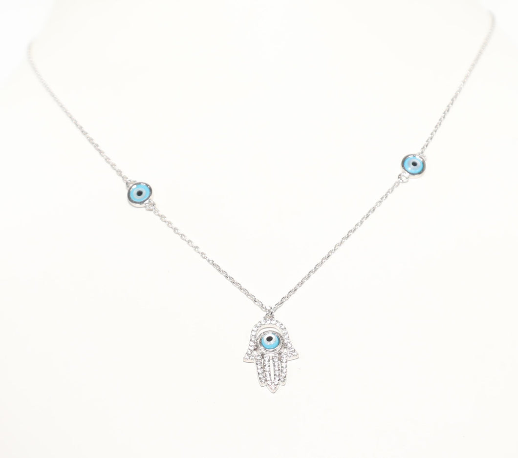 BLUE EVIL EYE HAMZA CHARM NECKLACE