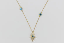 Load image into Gallery viewer, BLUE EVIL EYE HAMZA CHARM GOLD NECKLACE