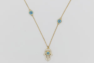 BLUE EVIL EYE HAMZA CHARM GOLD NECKLACE